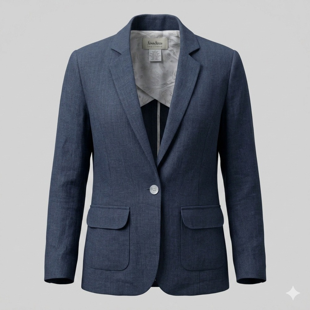 Neiman Marcus Blazer Womens S 100% Linen Navy Blue Solid Regular Fit Modern